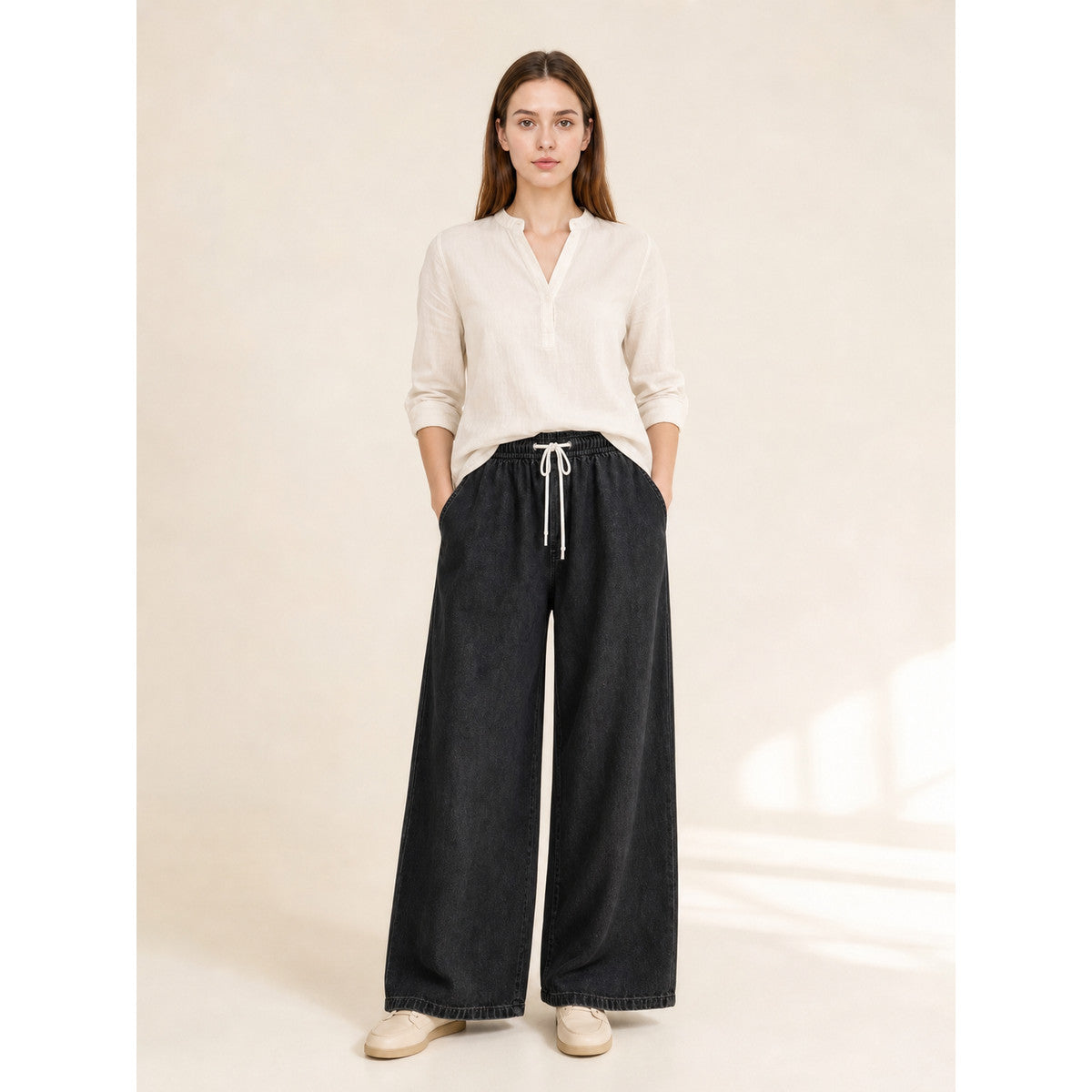 Wide Black Drawstring Pants with Pockets