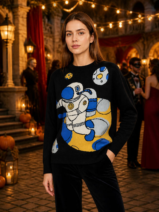 Black Crew Neck Long Sleeve Knit Sweater with Space Themed Astronaut and Planet