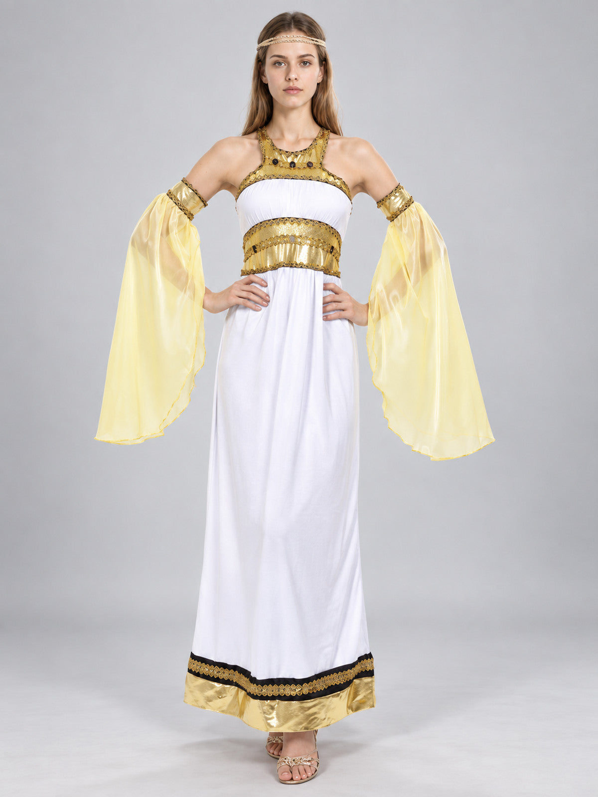 Antique-Style Costume with Yellow Sleeves on-model view