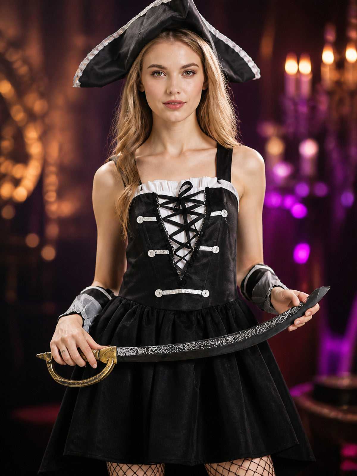 Black Pirate Costume Set With Hat, Sleeveless Dress And Wristbands on-model view