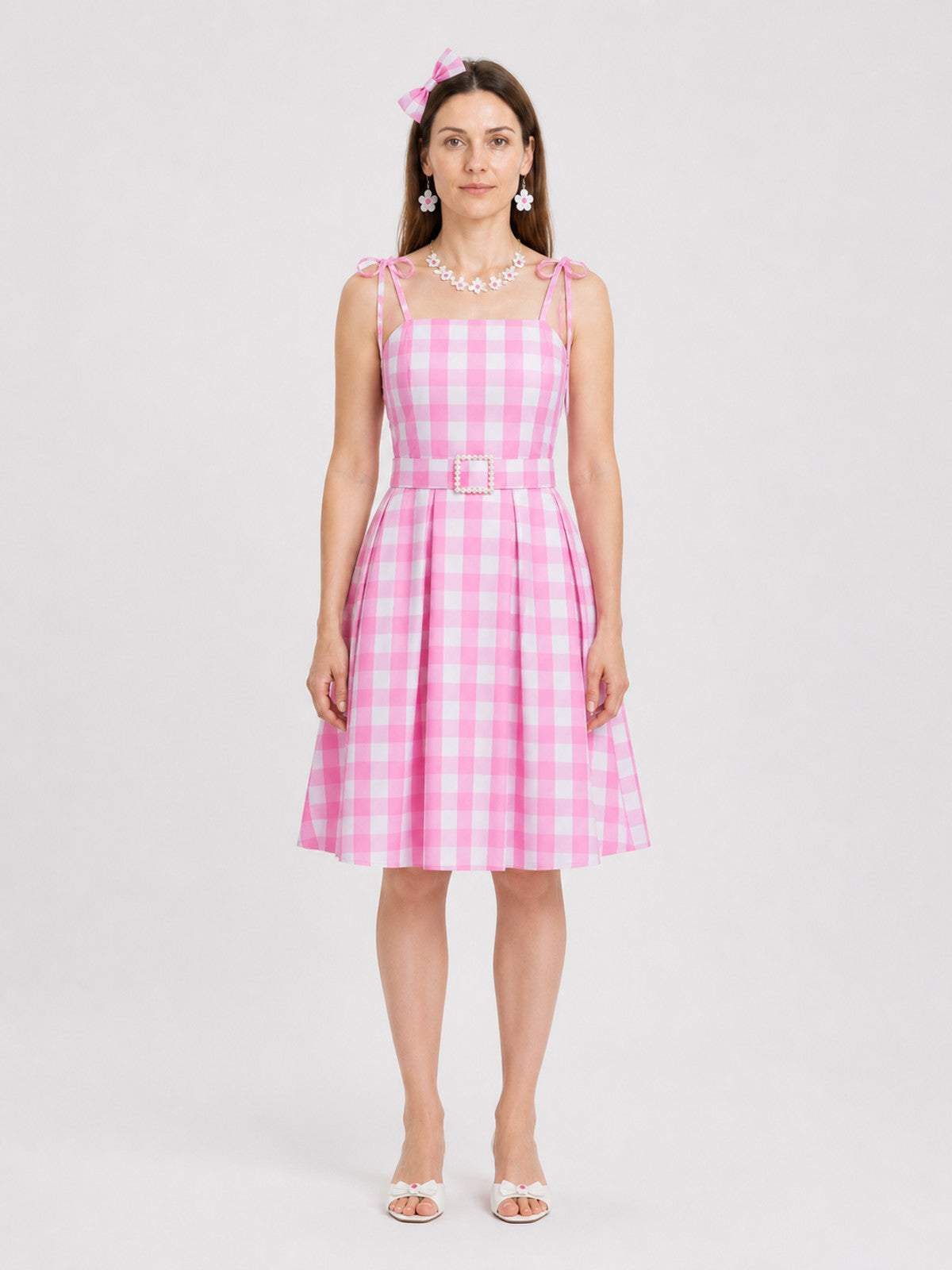 Barbie Pink-and-White Checkered Cosplay Dress on-model view