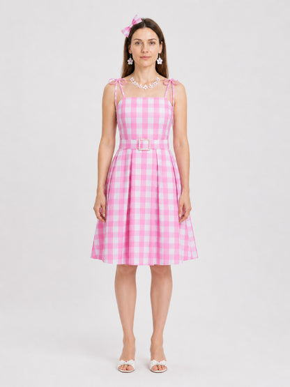 Barbie Pink-and-White Checkered Cosplay Dress on-model view