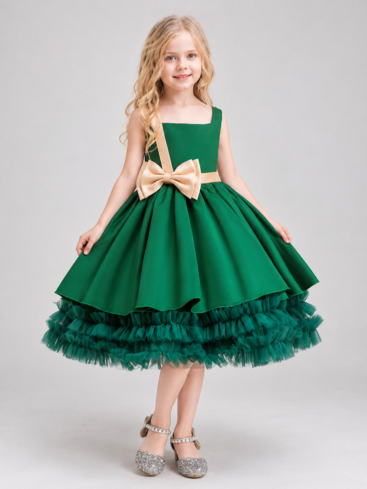 Dark Green Girls' Holiday Dress with Bow at the Waist
