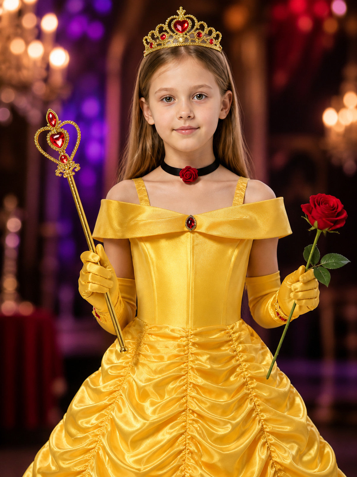 Kids Belle Princess Costume Dress Set With Crown, Gloves, Wand and Rose on-model view