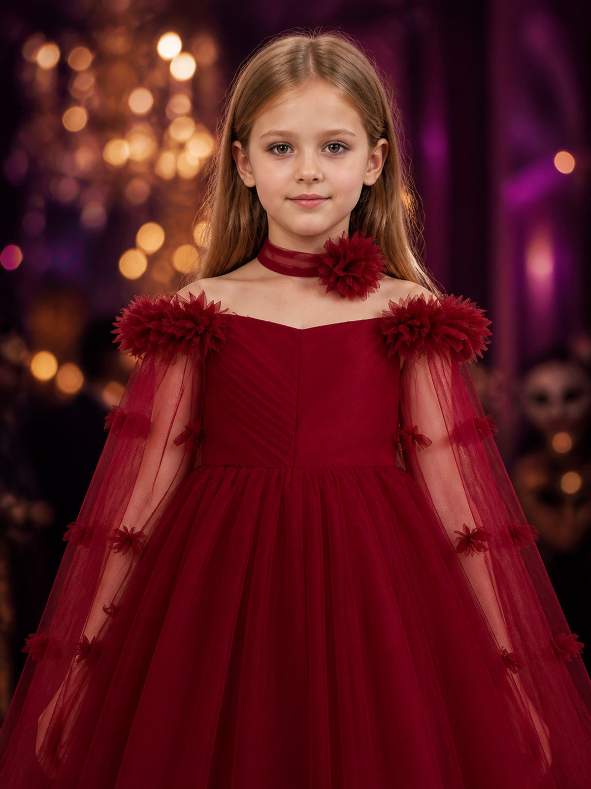 Girls’ Maroon Princess Dress with Tulle Ball Gown Skirt and Necklace