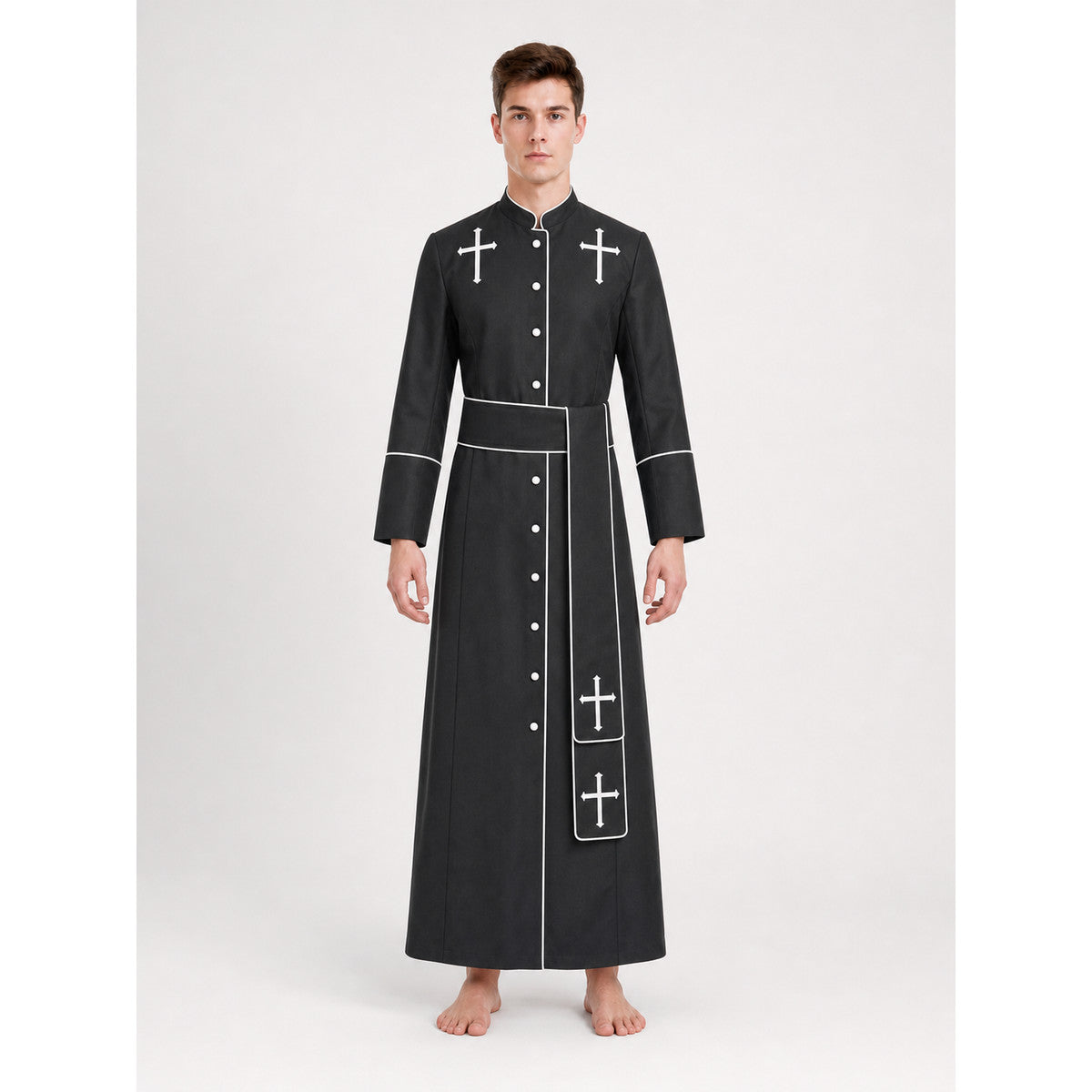 The model is designed in black and styled as a costume for cosplay, Halloween, and masquerades. It is a black cassock with a front featuring white buttons, a stand-up collar, and long sleeves. White crosses are placed on the garment: one is