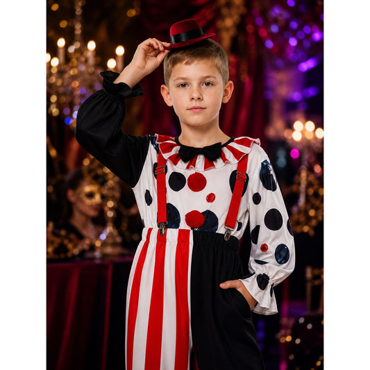 Men's Clown Costume Set With Polka Dot Top, Striped Pants, Hat and Suspenders on-model view