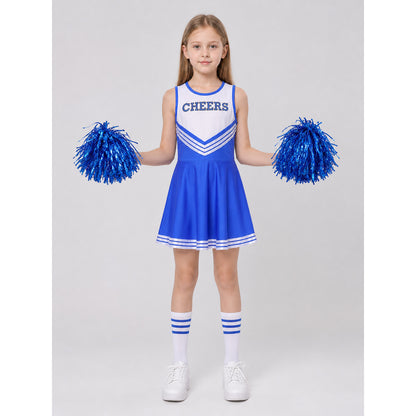 Children’s blue and white cheerleading costume with pom-poms on-model view