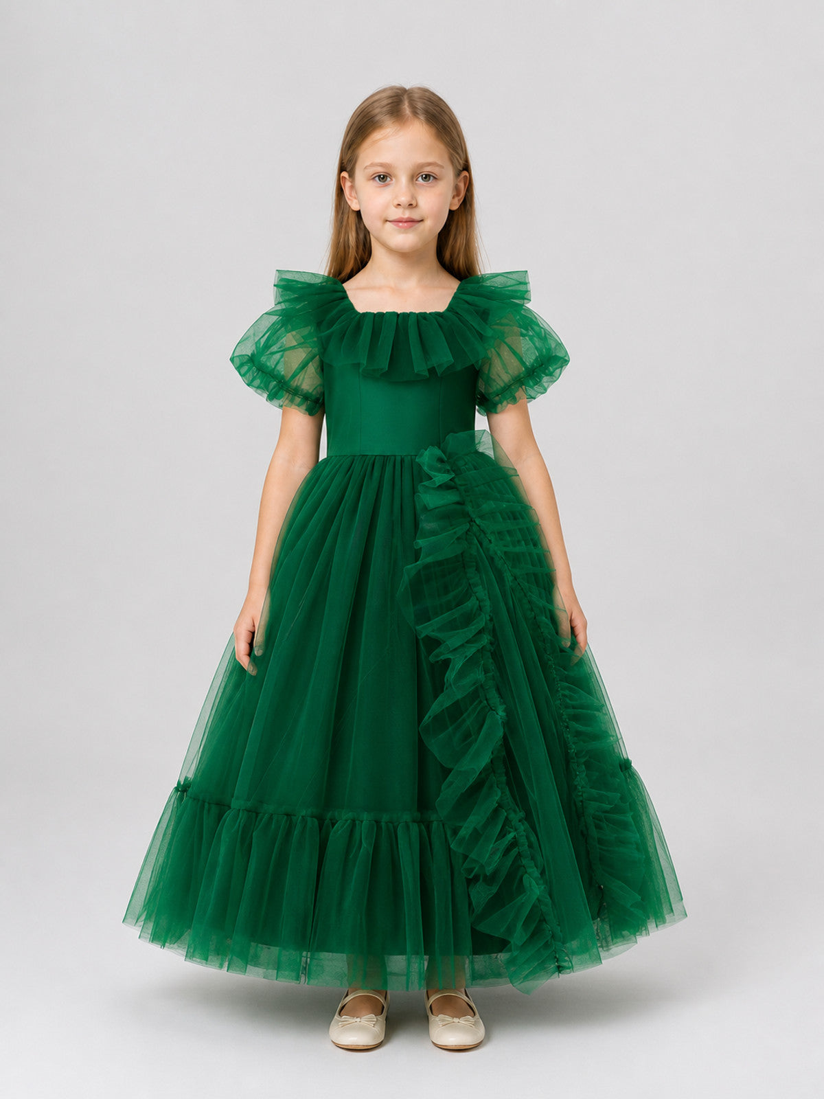 Emerald Green Princess Dress for Girls with Ruffles on-model view