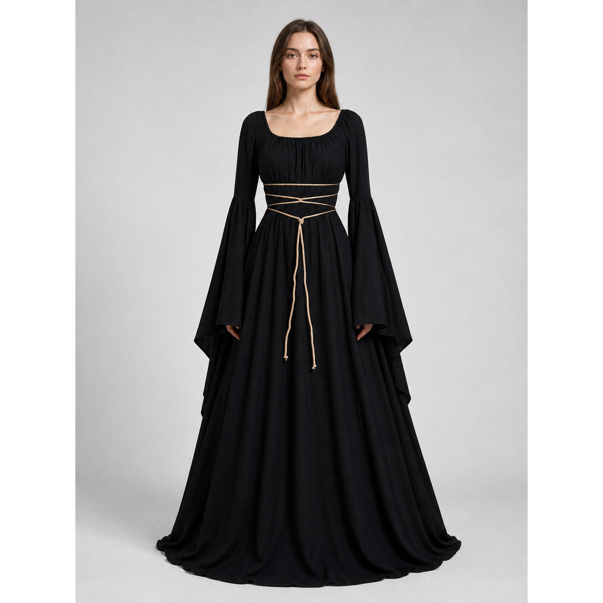 Elegant Floor-Length Dress with a Square Neckline and Flared Sleeves on-model view