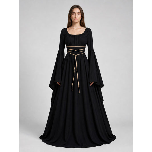 Elegant Floor-Length Dress with a Square Neckline and Flared Sleeves