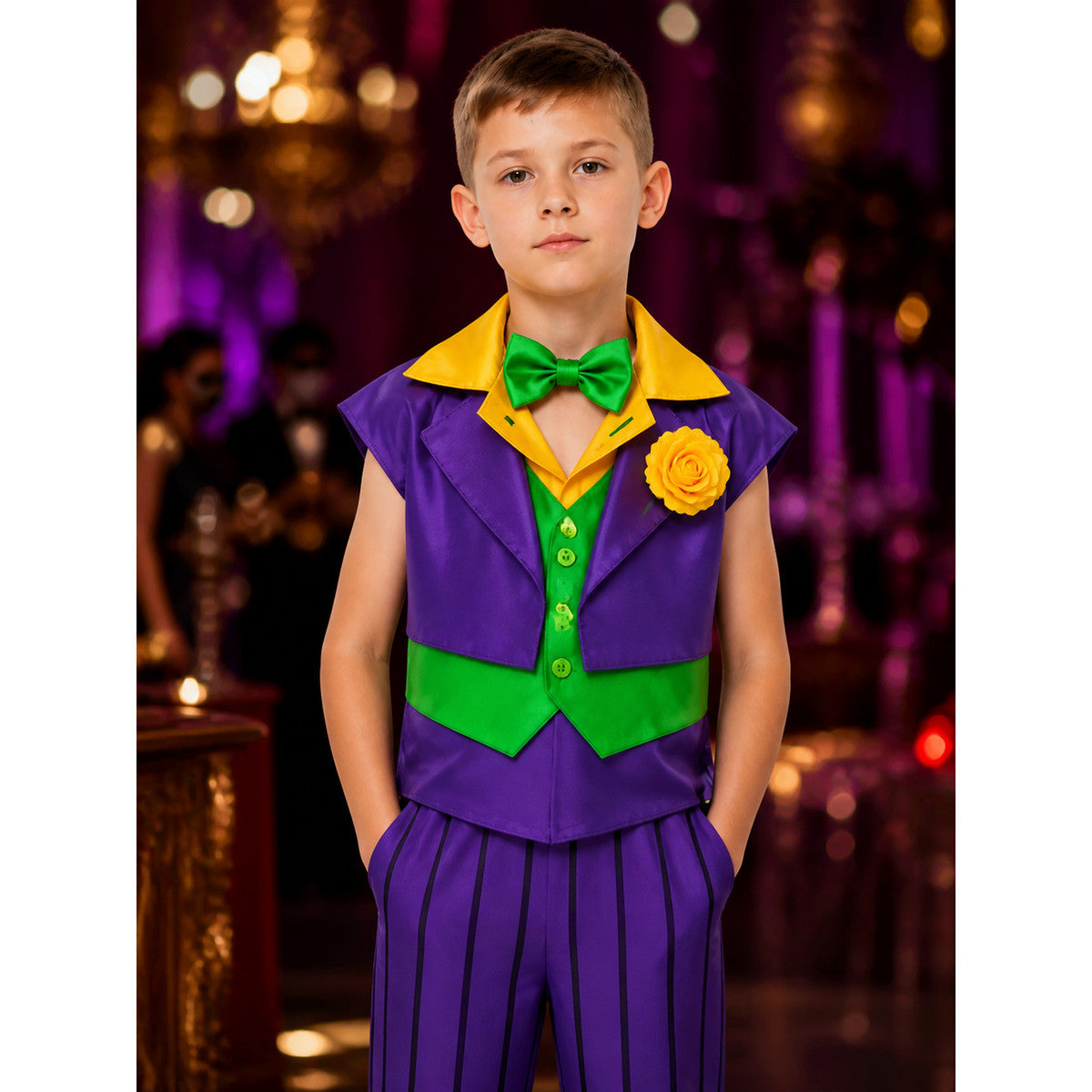 Kids Clown Costume Set, Purple Striped Pants, Yellow Rose Brooch and Bow Tie on-model view