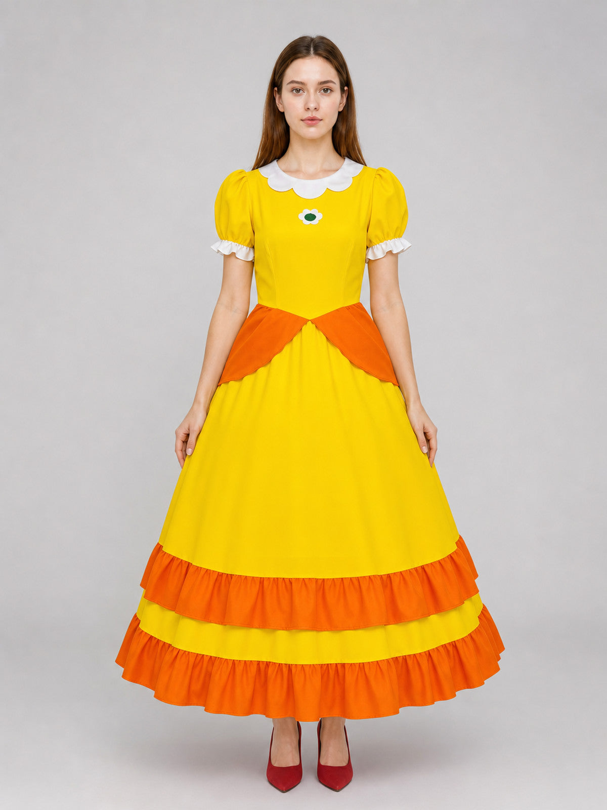 Yellow carnival costume with a crown and a full skirt