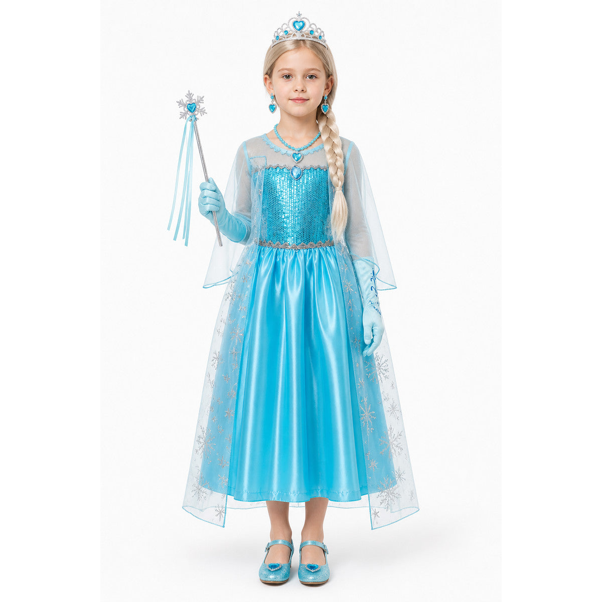 Long Elsa Costume with Sequins and Snowflakes main product view