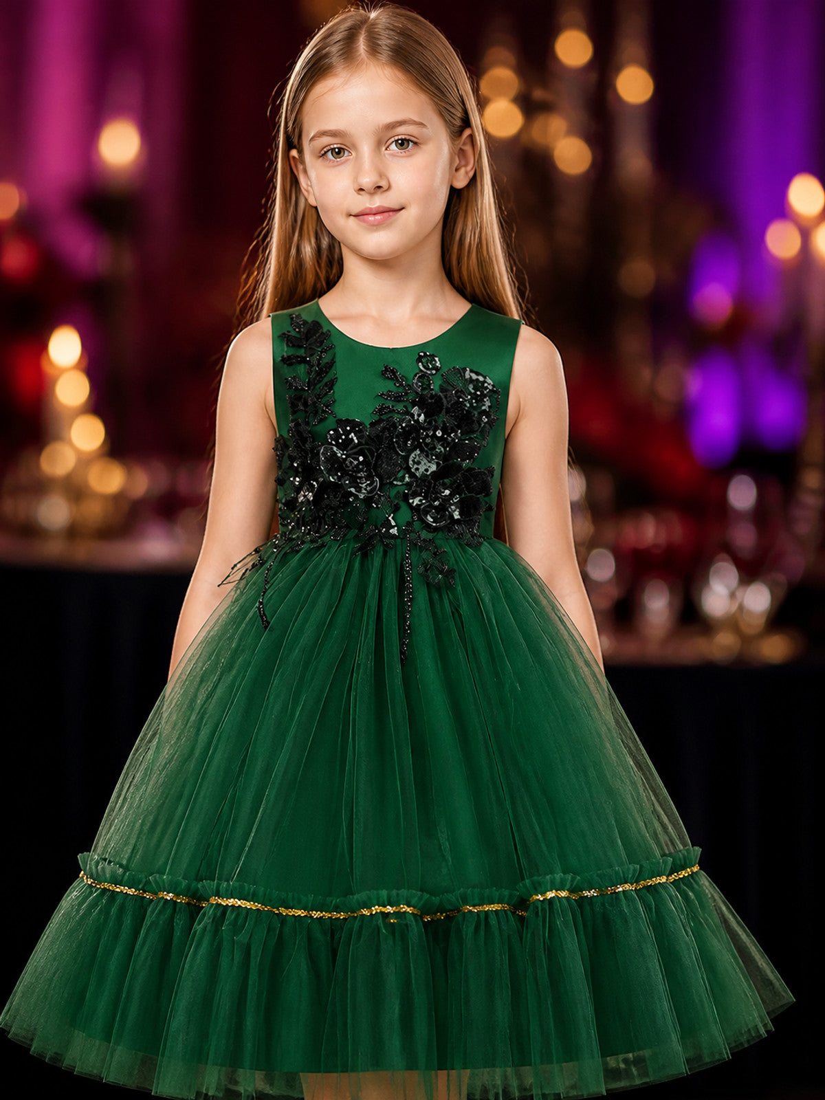 Girls' Dark Green Tulle Princess Dress, Lace Flower Embroidery, Gold Trim Formal on-model view