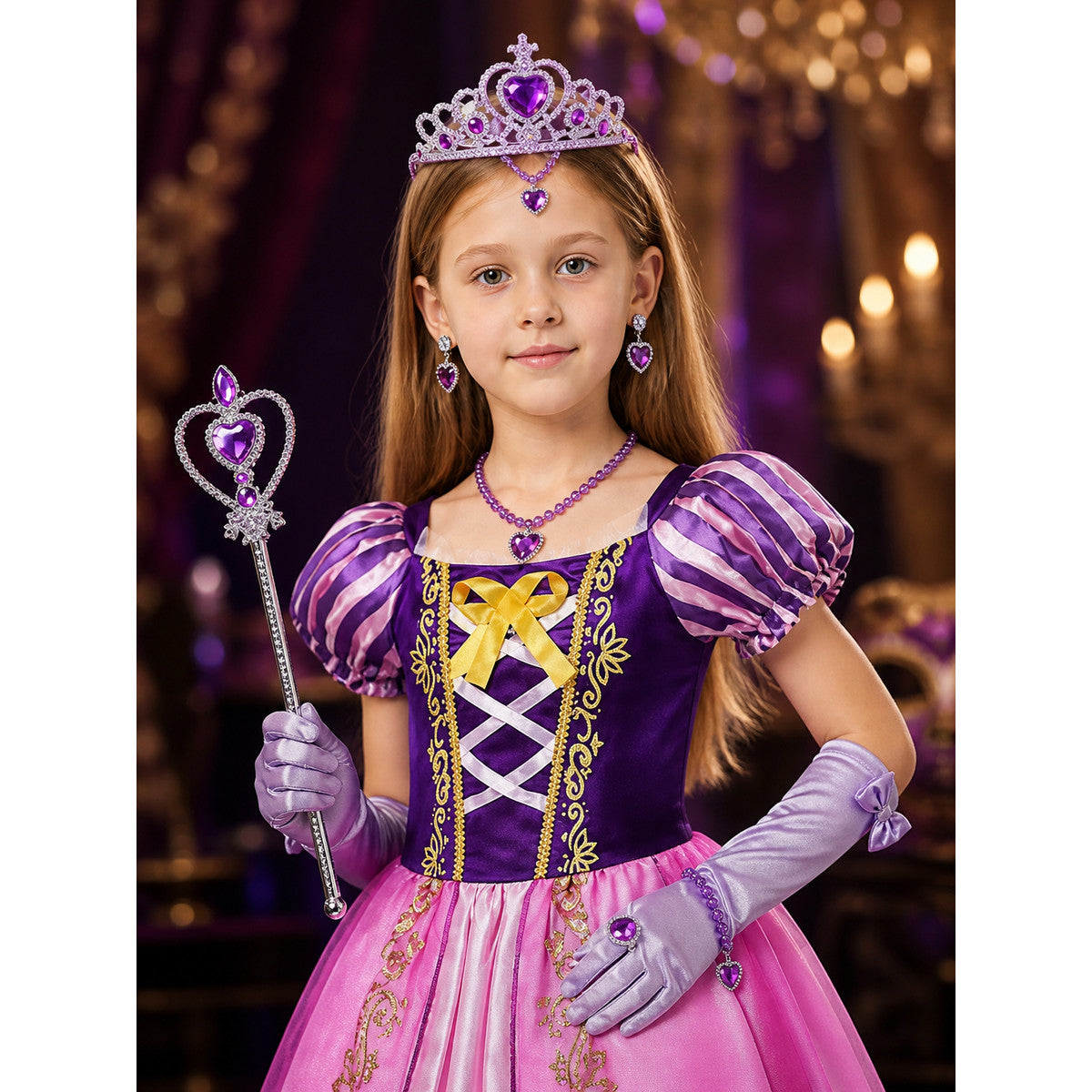 Girls' Princess Halloween Costume Dress Set With Crown, Jewelry, Wand And Gloves on-model view