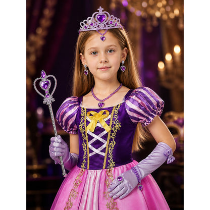 Girls' Princess Halloween Costume Dress Set With Crown, Jewelry, Wand And Gloves on-model view