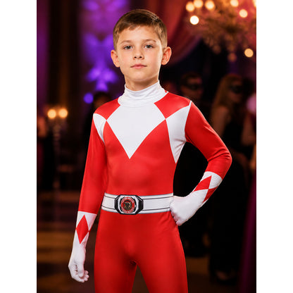 Red White Black Dragon Knight Bodysuit Costume with Hooded Mask and Diamond on-model view