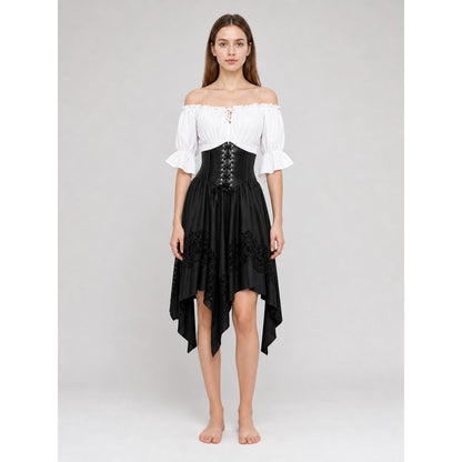 The set is designed in a theatrical pirate style and consists of a white cropped off-the-shoulder top with voluminous puff sleeves, a black corset with front lacing and metal eyelets, and a black asymmetrical skirt with elongated pointed pa