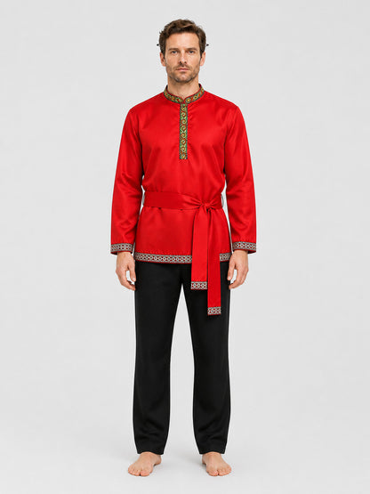 Red Russian Folk Costume with Embroidery and Ties