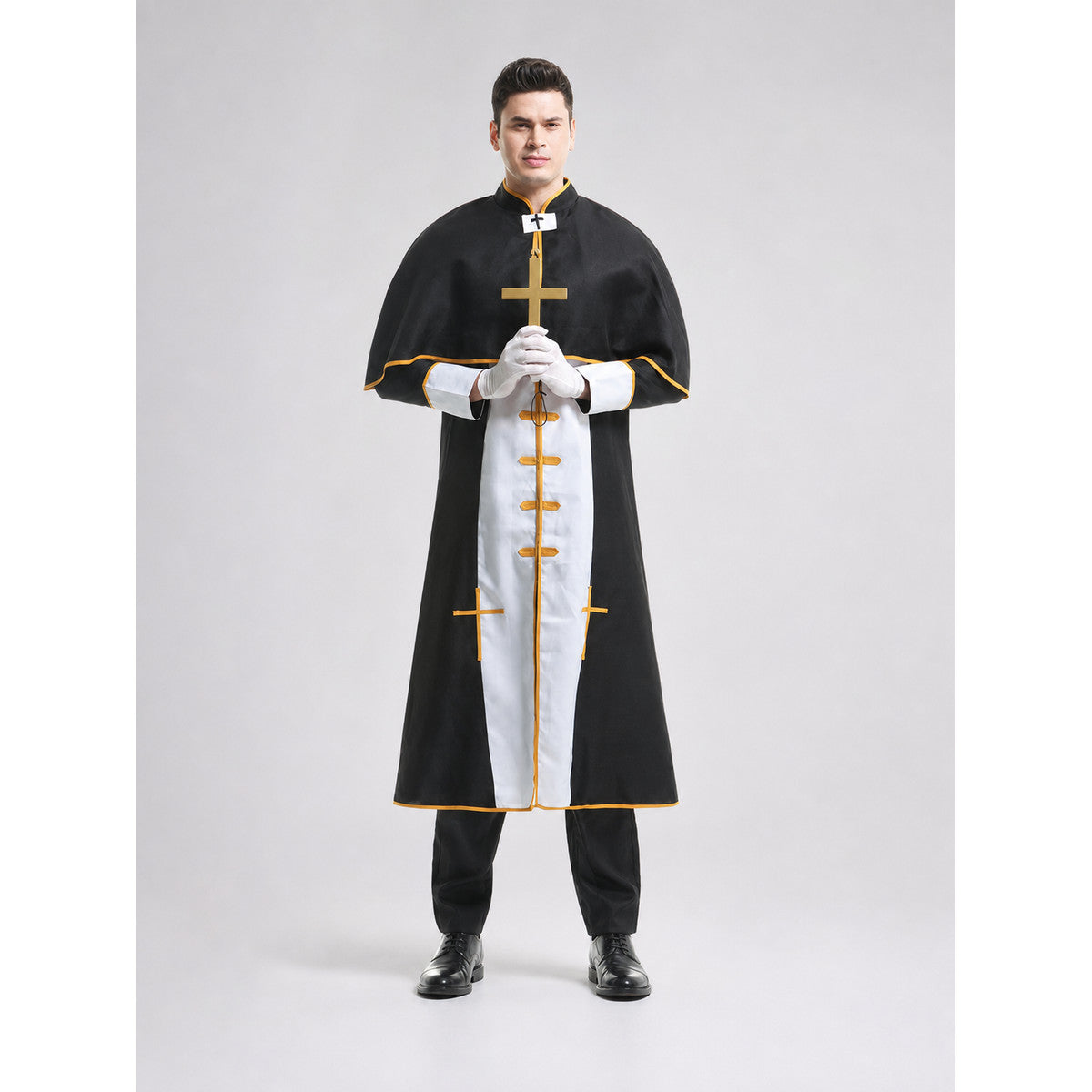 Priest costume with cross and cape on-model view
