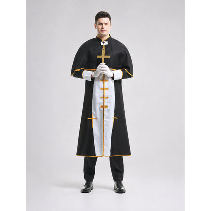 Priest costume with cross and cape on-model view