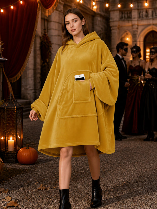 Golden Yellow Oversized Hooded Long Coat with Large Front Pockets, Loose Fit