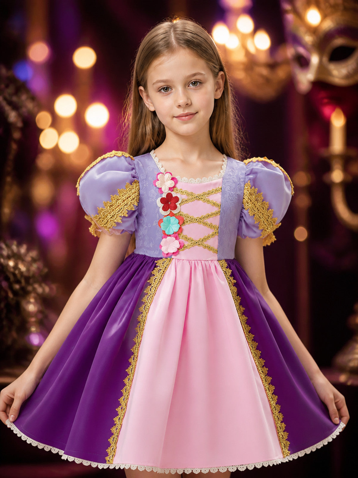 Toddler Girls' Purple Pink Princess Dress, Puff Sleeves, Floral Full Skirt