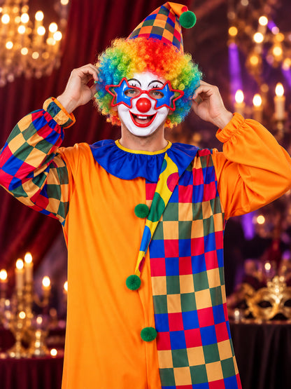 Adult Clown Costume: Jumpsuit, Wig, Mask, Hat