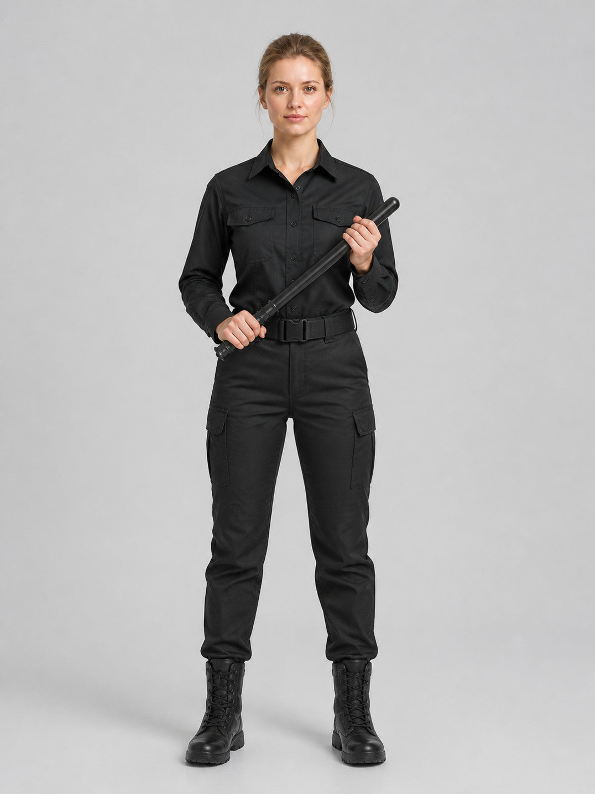 Black Telescopic Baton with Non-Slip Grip on-model view