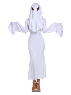 Women's White Ghost Costume – Fitted Bell-Sleeve Long Dress with Eye-Hole Head Cover