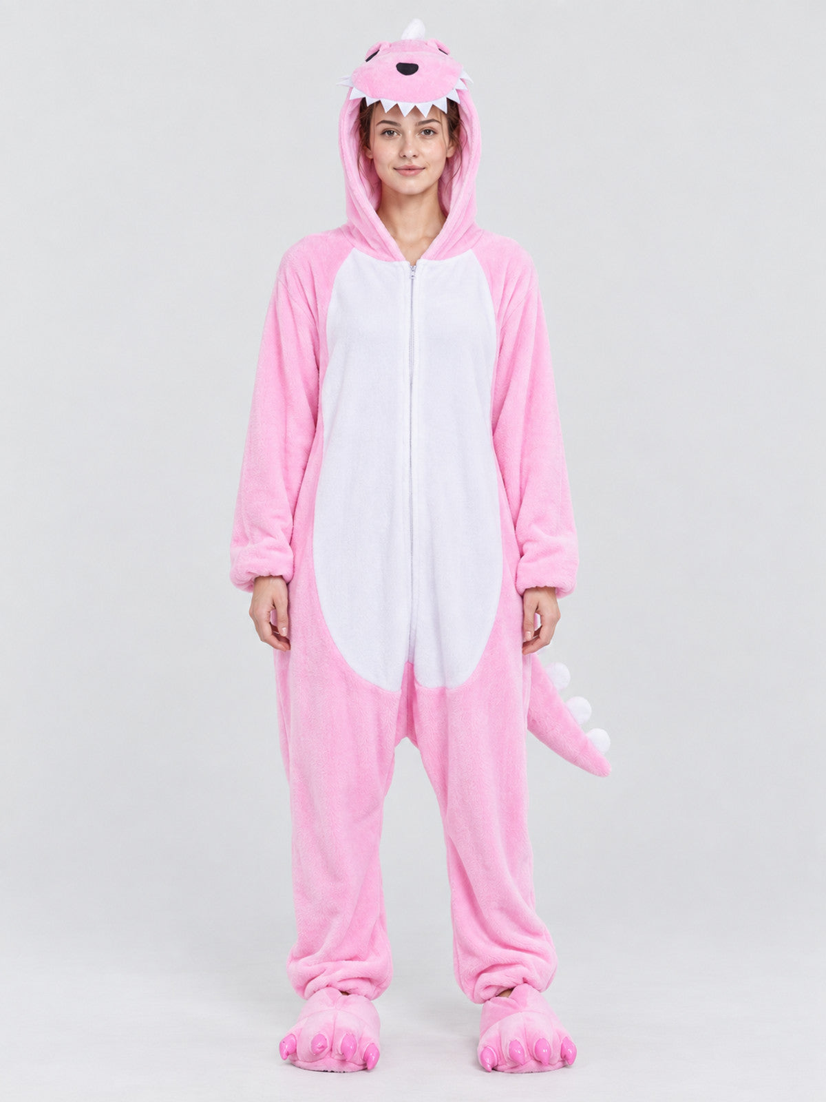 Pink and white pajama jumpsuit with dragon hood