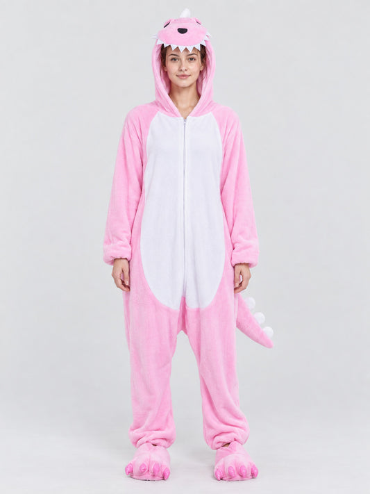 Pink and white pajama jumpsuit with dragon hood