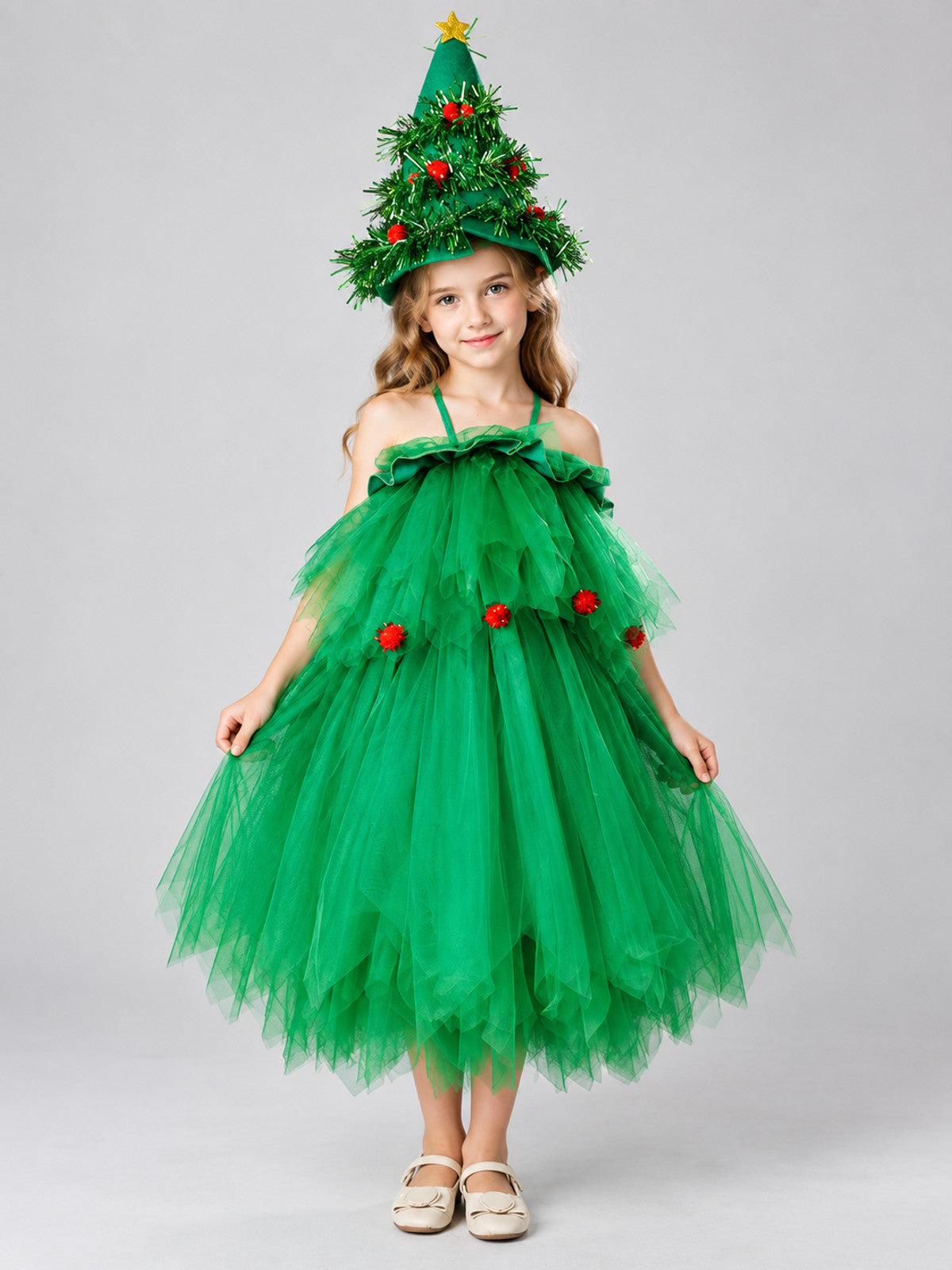 Children's Carnival Costume with Christmas Tree Hat on-model view