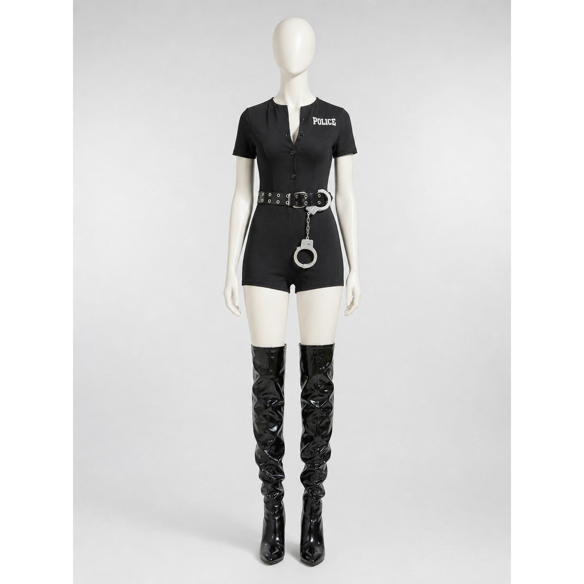 Black police costume with "police" lettering and belt on-model view