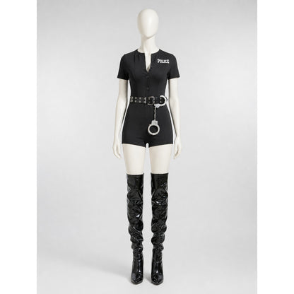 Black police costume with "police" lettering and belt on-model view