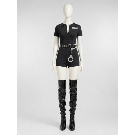 Black police costume with "police" lettering and belt on-model view