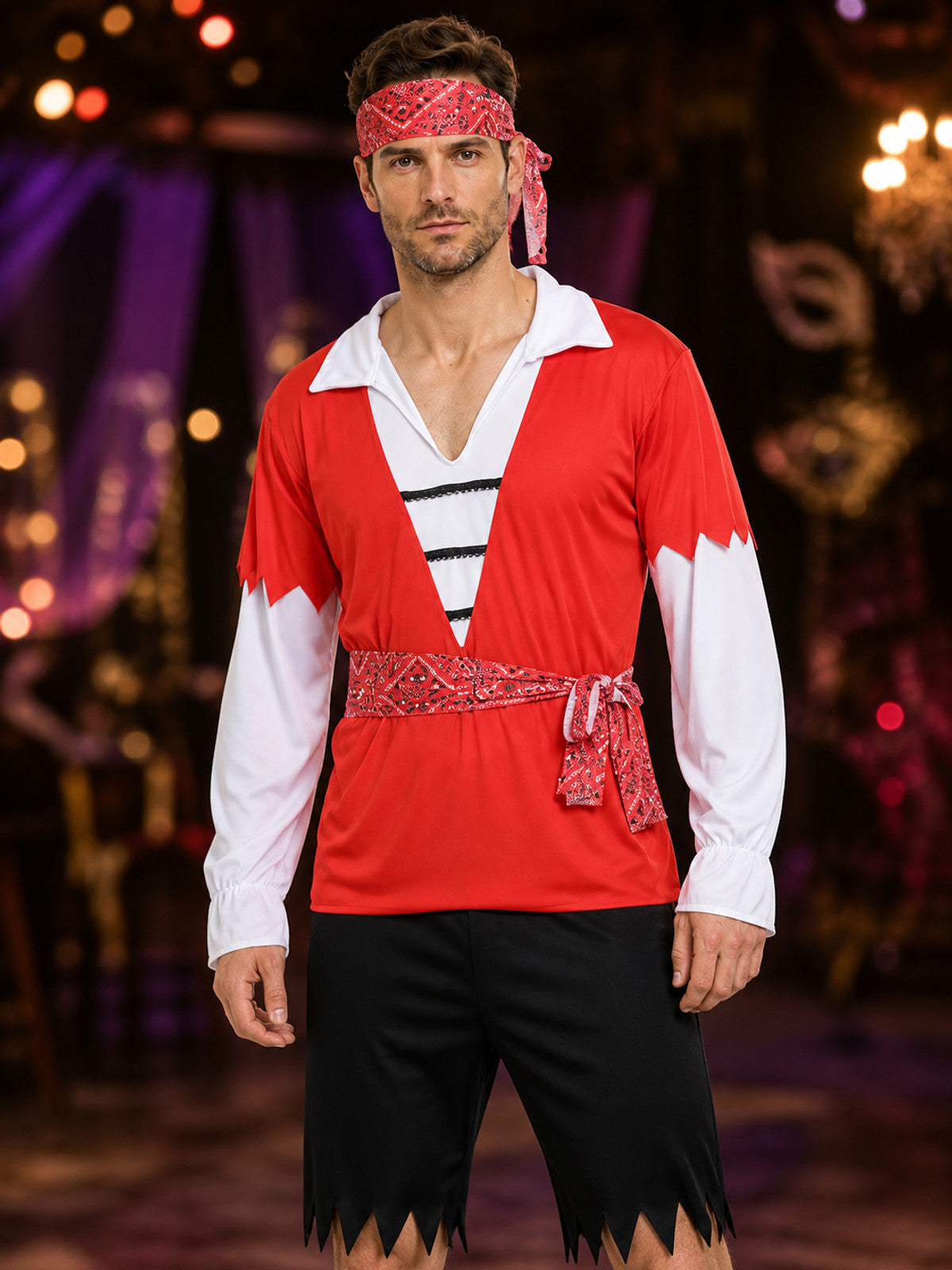 Adult Pirate Halloween Costume Set, Red Long-Sleeve Top, Cropped Pants on-model view