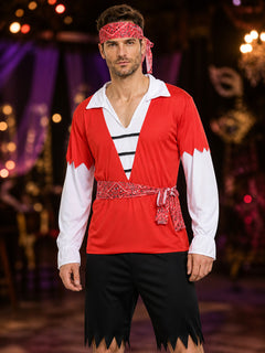 Adult Pirate Halloween Costume Set, Red Long-Sleeve Top, Cropped Pants
