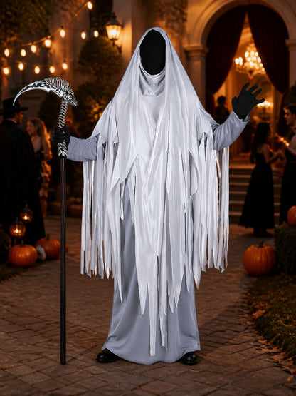 Ghostly Gray Grim Reaper Hooded Full Body Costume with Tattered Fringes