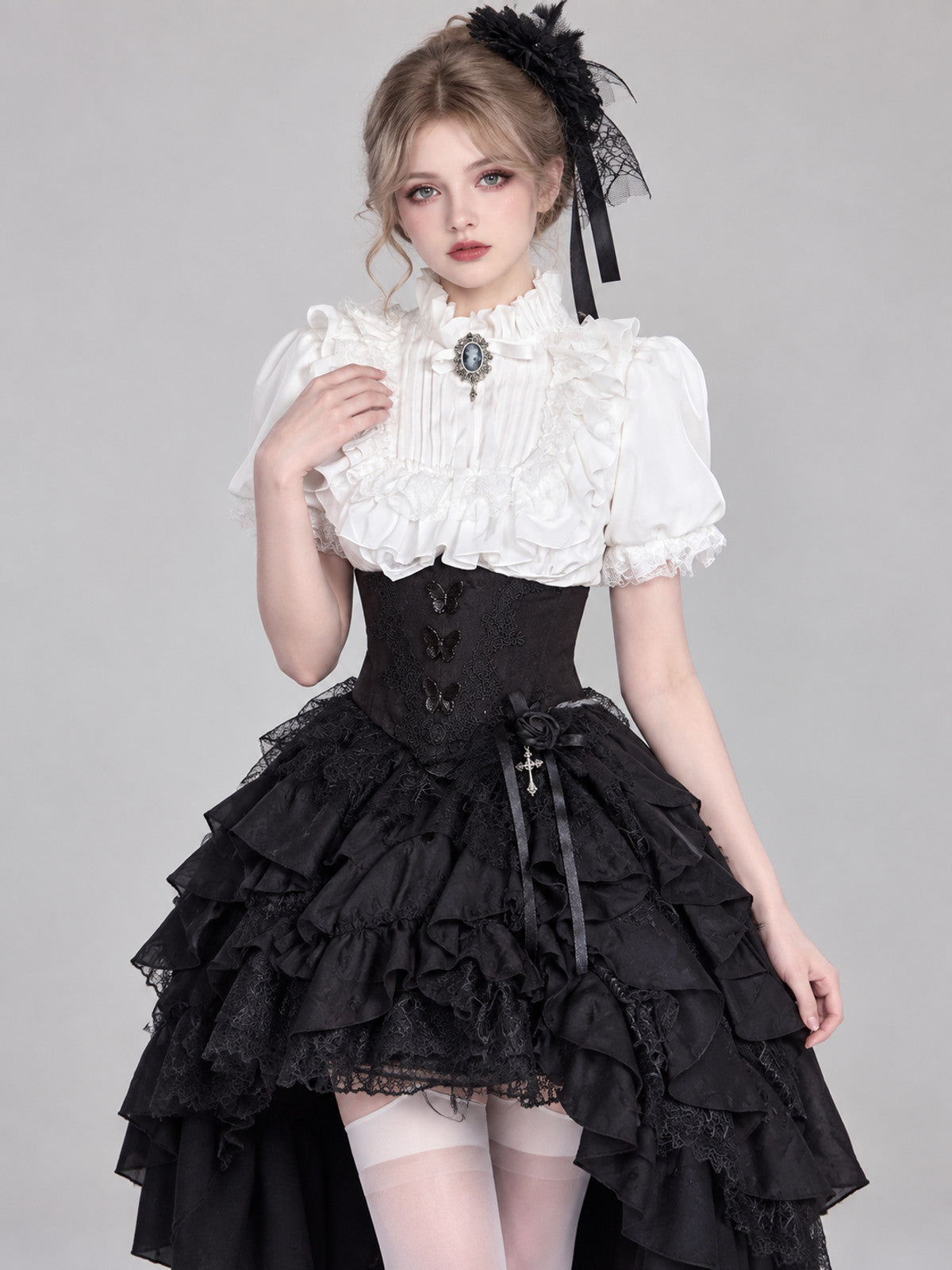 White Lolita-Style Blouse with Jabot and Lace