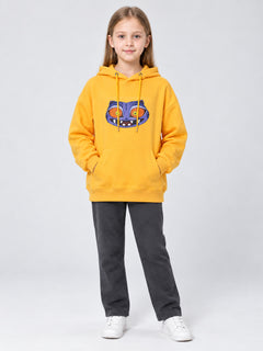 Yellow Hooded Sweatshirt, Cat Face Print