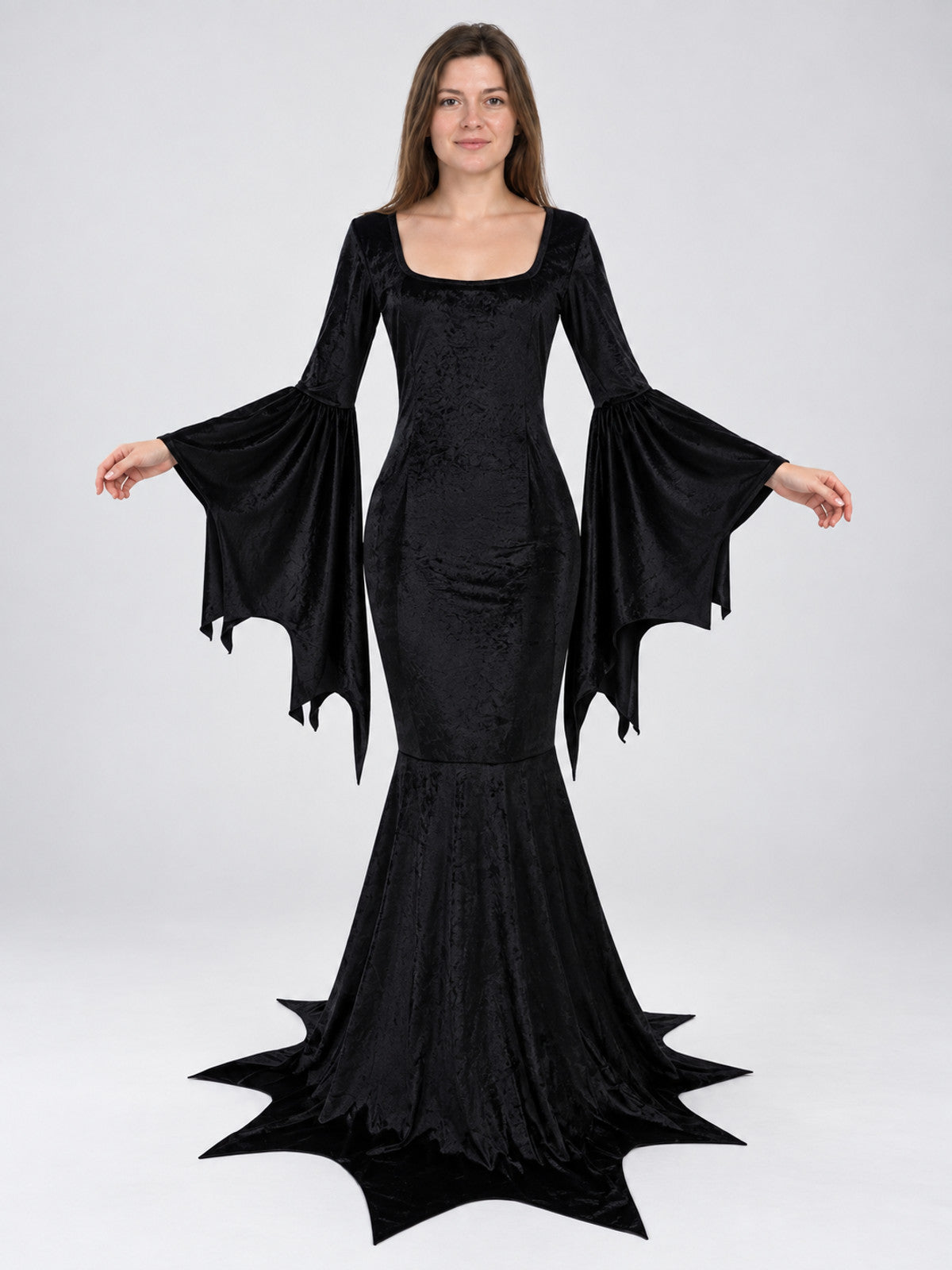 Black godet carnival dress made of stretch velvet