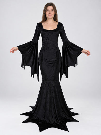 Black godet carnival dress made of stretch velvet