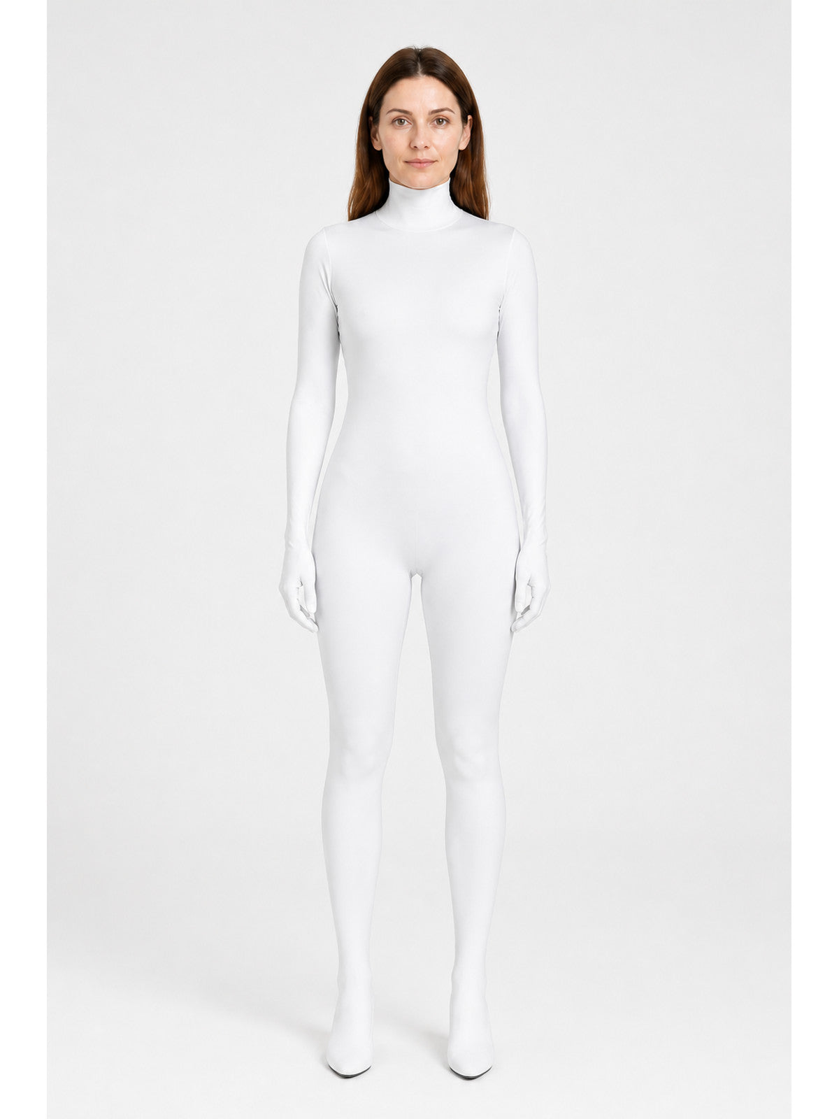 White One-Piece Bodysuit with Hood, Long Sleeves, and Feet main product view