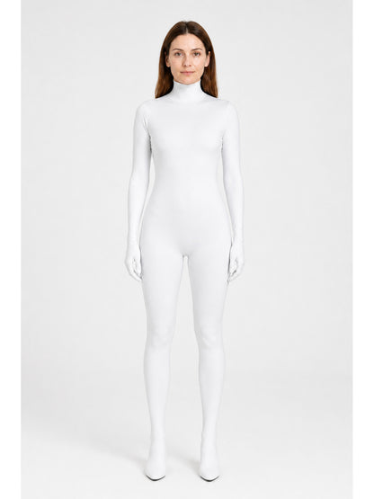 White One-Piece Bodysuit with Hood, Long Sleeves, and Feet main product view