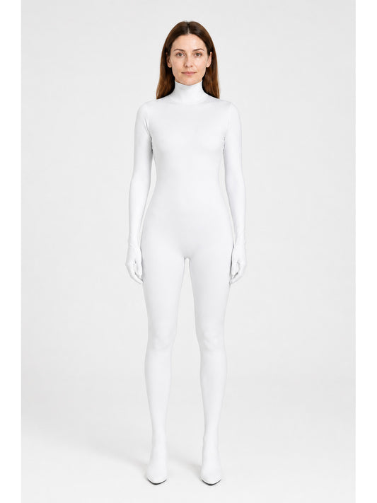 White One-Piece Bodysuit with Hood, Long Sleeves, and Feet main product view