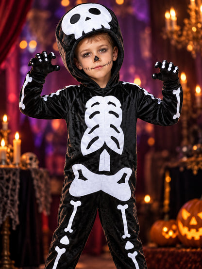 Plush Skeleton Costume Black with White Print and Hood