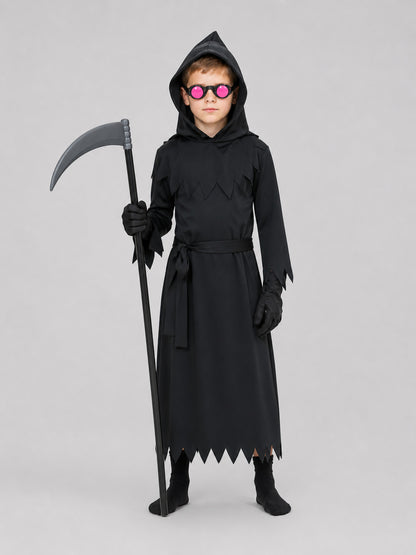 Grim Reaper Cosplay Costume with Scythe and Glowing Glasses on-model view