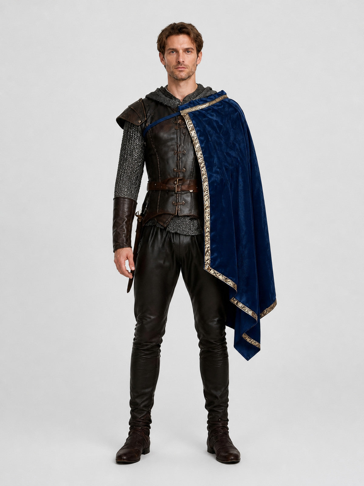 Blue velvet-look hooded cape with ornate gold trim, shown full length on a man wearing a dark costume
